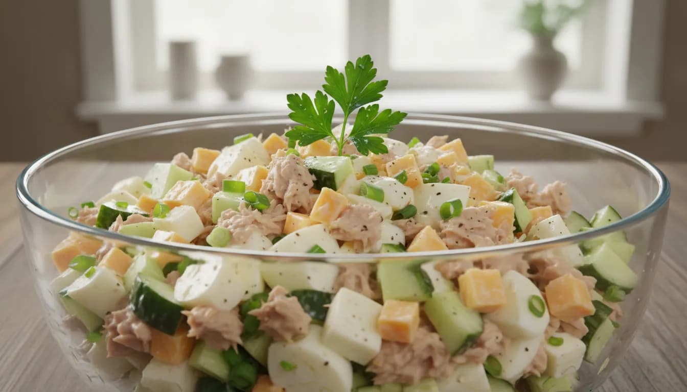 Салат с тунцом, сыром и огурцом